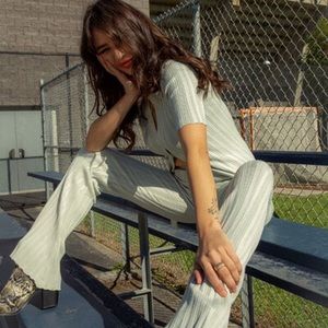 Forever 21 Mint Green Ribbed Flare Pants Jumpsuit Set